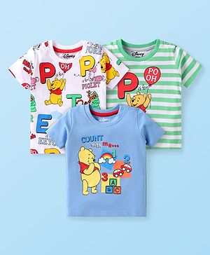 Babyhug Disney Single Jersey Knit Half Sleeves T-Shirts with Stripes & Winnie the Pooh Graphics Pack of 3 - White Light Green & Blue