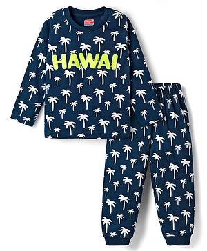 Babyhug Cotton Knit Full Sleeves Co-Ord Night Suit with Hawai Print - Navy Blue