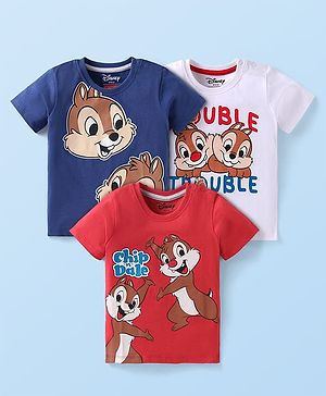 Babyhug Disney Single Jersey Knit Half Sleeves T-Shirts with Chip N Dale Graphics Pack of 3 - Blue Red & White