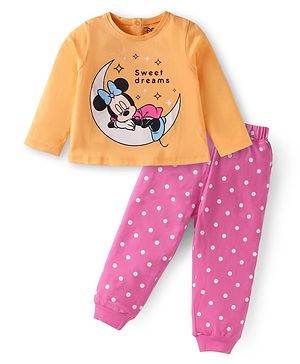 Babyhug Disney Single Jersey Knit Full Sleeves Night Suit With Minnie Mouse Graphics - Orange & Pink