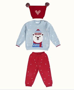 Greendeer 100% Cotton Full Sleeves Polar Bear Designed Sweater & Pant With Cap Set - Red & Blue