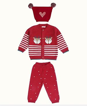 Greendeer 100% Cotton Christmas Theme Full Sleeves Reindeer Designed & Striped Sweater & Pant With Cap Set - Red