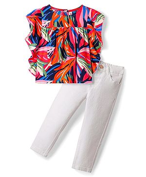 Babyhug Rayon Woven Flutter Sleeves Printed Top & Solid Denim Jeans Set - Red & White