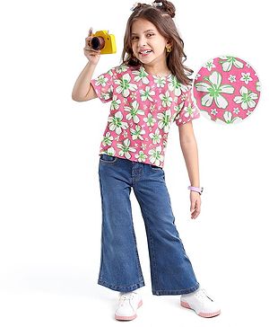 Babyhug Single Jersey Knit Half Sleeves Floral Printed Top & Solid Denim Jeggings Set - Pink & Blue