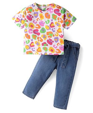 Babyhug Single Jersey Knit Half Sleeves Printed Top & Solid Denim Jeans Set - White & Blue