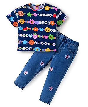 Babyhug Single Jersey Knit Half Sleeves T-Shirt & Jeans Set With Bracelet Print & Butterfly Embroidery - Navy Blue