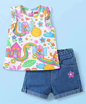 Babyhug Single Jersey Knit Sleeveless Top & Denim Shorts Set With Floral Print & Embroidery - White & Blue