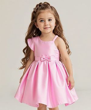 Babyhug Woven One Shoulder Sleeves Pleated Party Dress With Bow Applique - Pink