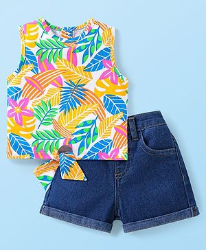 Babyhug Single Jersey Knit Sleeveless Top & Denim Shorts Set With Leaf Print - White & Blue