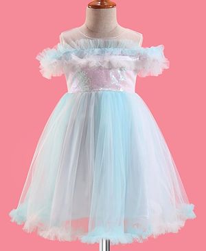 Babyhug Woven Sleeveless Party Dress With Sequinned & Ruffled Yoke - Light Blue