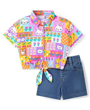 Babyhug Rayon Knit Half Sleeves Shirt Styled Knotted Top & Denim Shorts Set With Floral & Animal Print - Pink & Blue