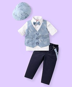 Babyhug Woven Full Sleeves Text Printed 3 Piece Party Suit with Bow Suspender & Hat - Light Blue