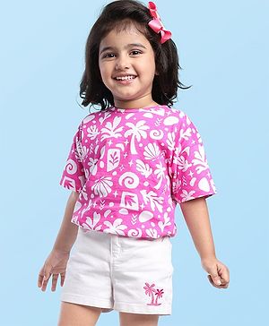 Babyhug Single Jersey Denim Half Sleeves Top & Shorts Set with Beach Theme Print - White & Pink