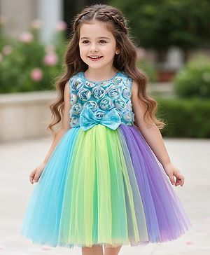 Babyhug Woven Sleeveless Fit & Flare Mesh Party Dress with Bow & Floral Applique - Purple & Light Blue