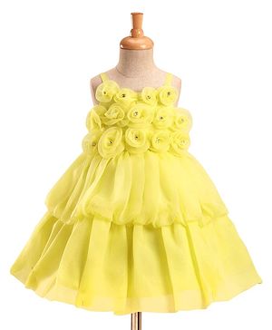 Babyhug Woven Sleeveless Tiered Party Frock with 3D Flower Applique on Yoke - Yellow