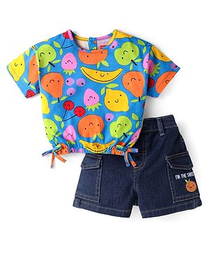 Babyhug Single Jersey Knit Half Sleeves Fruit Printed Top & Embroidered Denim Shorts Set - Blue