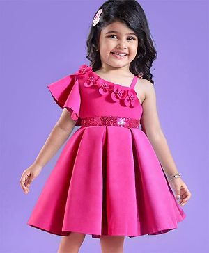 Babyhug Woven One Shoulder Sleeves Party Dress With Floral Applique & Sequin Detailing - Dark Pink