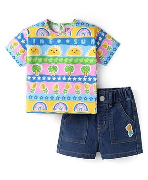 Babyhug Single Jersey Knit Half Sleeves Printed Top & Floral Embroidered Denim Shorts Set - Blue