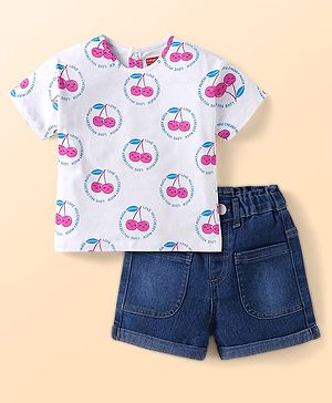Babyhug Terry Knit Half Sleeves T-Shirt & Shorts Set With Cherry Print - White & Navy Blue