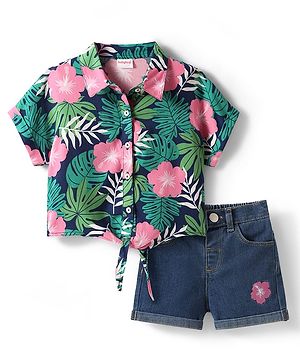 Babyhug Rayon Woven Half Sleeves Front Open Top & Denim Shorts Set With Floral Print & Embroidery - Navy Blue