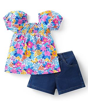 Babyhug Single Jersey Knit Half Puffed Sleeves Top & Shorts Set With Floral Print - White & Navy Blue