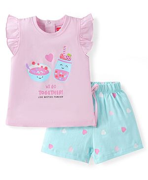 Babyhug Cotton Knit Frill Sleeves Shorts Night Suit with Hearts & Text Print - Pink