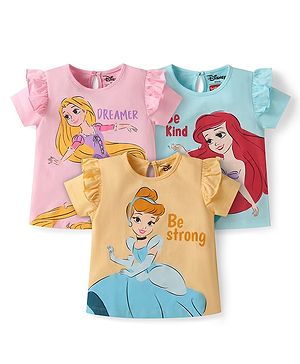 Babyhug Disney Single Jersey Knit Frill Sleeve Top With Disney Princesses Graphic Pack Of 3 - Light Blue Pink & Yellow