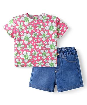Babyhug Single Jersey Knit Half Sleeves Floral Printed T-Shirt & Solid Denim Shorts Set - Pink & Blue