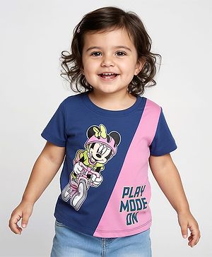 Babyhug Disney Single Jersey Knit Half Sleeve Cut & Sew T-Shirt With Minnie Mouse Graphic - Pink & Navy Blue