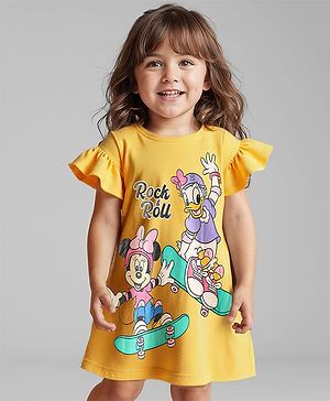 Babyhug Disney Single Jersey Knit Half Sleeves Frock With Minnie & Daisy Graphic - Yellow