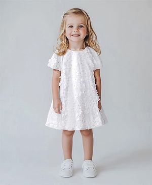 Bonfino Woven Half Sleeves Party Dress With Floral Applique - White