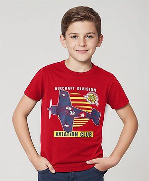 Pine Kids Cotton Knit Half Sleeves T-Shirt With Aircraft Text Print - Red
