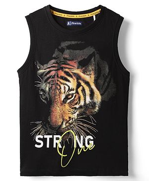 Pine Kids Cotton Knit Sleeveless Tank T-Shirt with Tiger Print - Black
