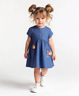 Bonfino 100% Cotton Knit Half Sleeves Denim Dress With Floral Embroidery & Applique - Blue