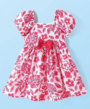 Babyhug Poplin Woven Half Puffed Sleeves Frock with Bow Applique & Floral Print - Dark Pink