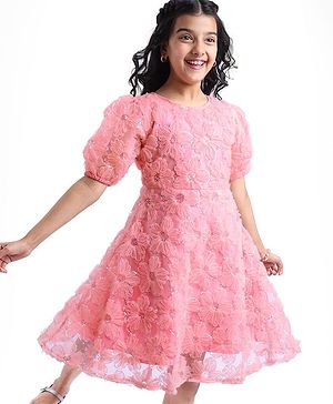 Pine Kids Woven Half Sleeves Sequined & Flower Applique Party Wear Dress - Pink