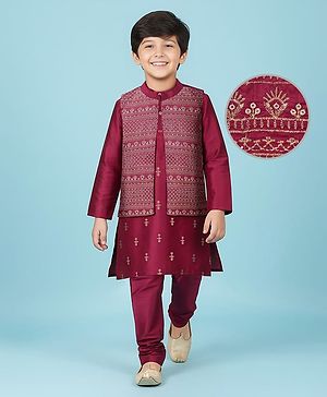 Pine Kids Woven Full Sleeves Floral Printed Kurta Pyjama Set with Emboroidered Nehru Jacket - Maroon