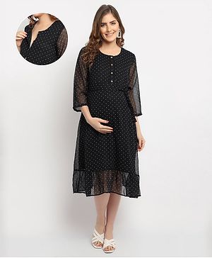 Moms Maternity Georgette Three Fourth Sleeves Polka Dots Printed Maternity Dress With Nursing Access - Black