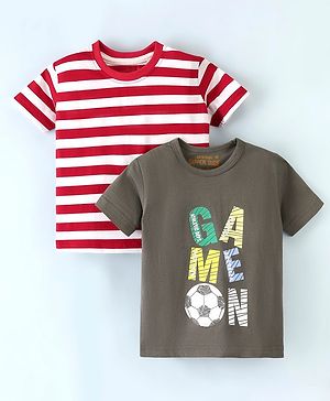 Dapper Dudes Pack Of 2 Half Sleeves Striped & Game On Text Printed Tees - Grey & Red