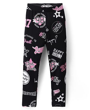 Pine Kids Cotton Lycra Knit Full Length Leggings Text Print - Black