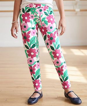 Pine Kids Cotton Lycra Knit Full Length Legging With Floral Print - White