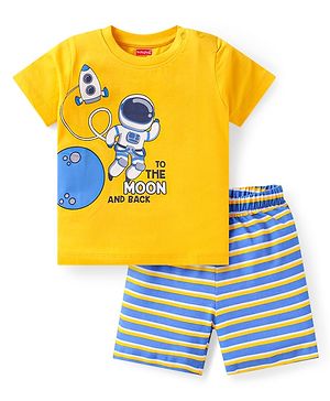 Babyhug Cotton Knit Half Sleeves Shorts Night Suit with Space Theme Print & Stripes - Yellow