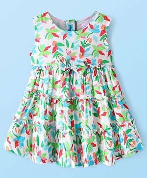 Babyhug Woven Sleeveless Frock with Tropical Theme Print & Bow Applique - White