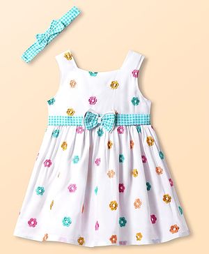 Babyhug Cotton Woven Sleeveless Frock With Floral Print & Headband - White