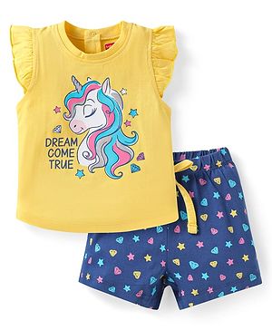 Babyhug Cotton Knit Frill Sleeves Shorts Night Suit with Star & Unicorn Print - Yellow & Navy Blue