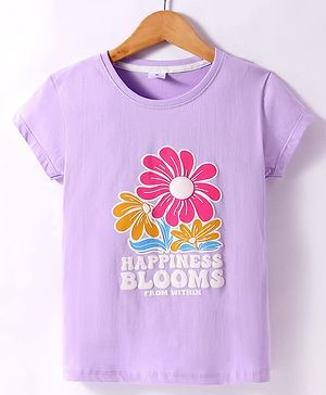 Smarty Girls Cotton Knit Half Sleeves Floral Printed T-Shirt - Lilac