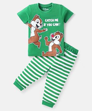 Babyhug Disney Single Jersey Knit Half Sleeves Night Suit With Chip N Dale Graphic -  Green & White