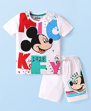 Babyhug Disney Single Jersey Knit Half Sleeves T-Shirt & Shorts Set with Mickey Mouse Graphics - White