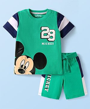 Babyhug Disney Single Jersey Knit Half Sleeves Cut & Sew T-Shirt & Shorts Set with Mickey Mouse Graphics - Green