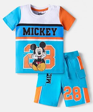 Babyhug Disney Single Jersey Knit Half Sleeve Cut & Sew Shorts Night Suit With Mickey Mouse Graphic - Light Blue